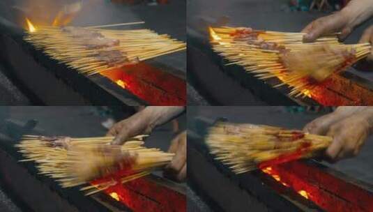 烤肉串视频云南巍山夜市小吃街烤羊肉串特写高清在线视频素材下载