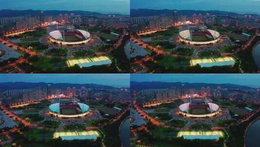 浙江义乌城市地标梅湖夜景风光4K航拍高清在线视频素材下载
