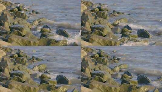 浪花拍打着礁石海滩高清在线视频素材下载
