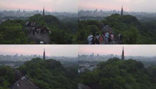 杭州宝石山上看日出的人群 航拍高清在线视频素材下载
