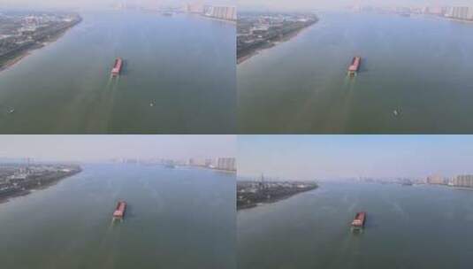 湖南长沙湘江中的货运船高清在线视频素材下载