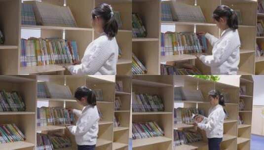 4K升格实拍站在图书馆书架旁看书的女孩高清在线视频素材下载