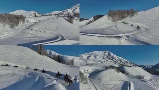 新疆禾木村雪景马队高清在线视频素材下载