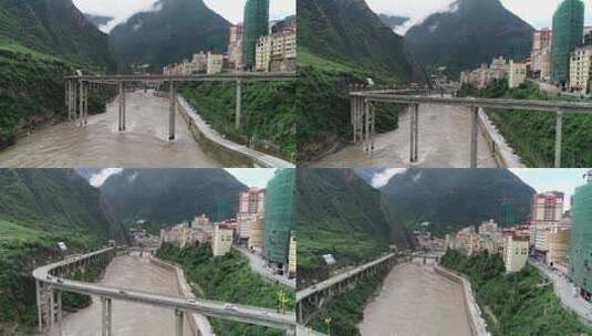 航拍1843四川甘孜峡谷河流城镇桥高清在线视频素材下载