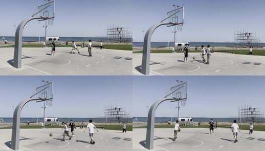 阿那亚海边篮球场打球的小孩子高清在线视频素材下载