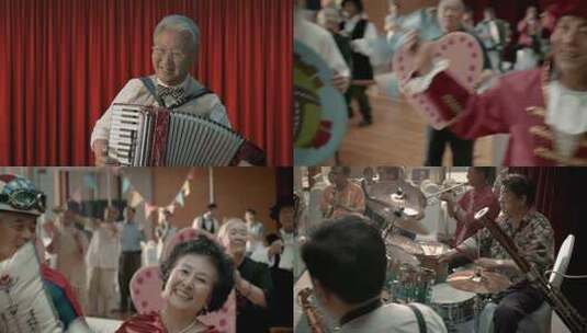 老年人大合欢才艺表演吹拉弹唱围在一起跳舞高清在线视频素材下载