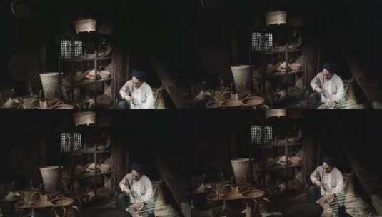 农村传统篾匠手工艺人场景4K实拍视频高清在线视频素材下载