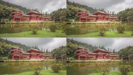 森林湖畔的寺庙高清在线视频素材下载