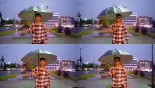 雨中打着雨伞行走的男人慢镜头高清在线视频素材下载