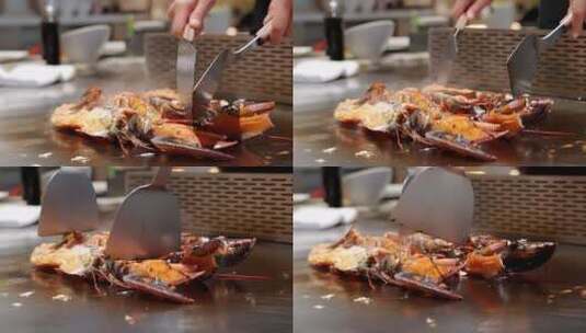 升格实拍美女厨师制作铁板烧波士顿龙虾高清在线视频素材下载