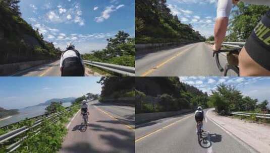 美女骑自行车阳光公路树林蓝天白云高清在线视频素材下载
