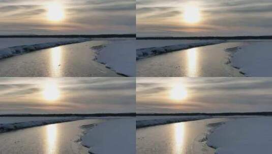 航拍海拉尔河不冻河春天开河雪景高清在线视频素材下载