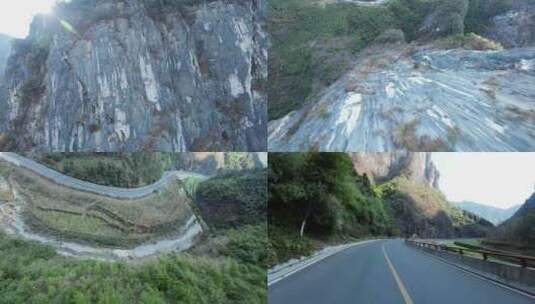 德夯大峡谷fpv穿越机跳悬崖公路拍汽车航拍高清在线视频素材下载