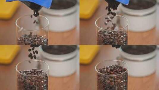 咖啡豆倒入咖啡玻璃罐高清在线视频素材下载