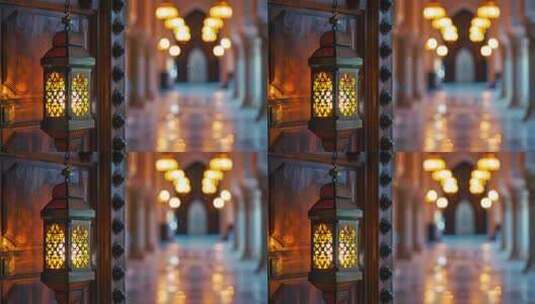 斋月灯笼挂在清真寺上，后面有一条长长的走高清在线视频素材下载