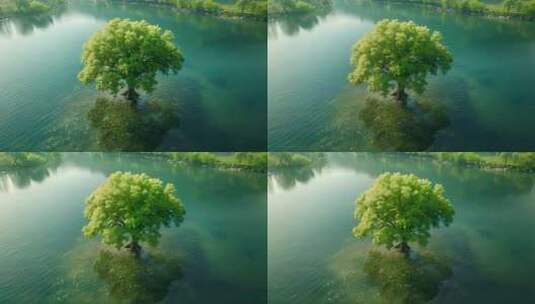 航拍湖面中心的一棵绿树高清在线视频素材下载