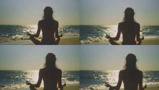 4K_海边沙滩上做瑜伽的女人01高清在线视频素材下载