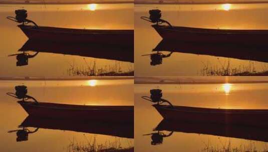 4K日出日落金色湖面渔船高清在线视频素材下载