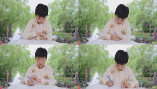 可爱的中国小男孩在户外认真学习写作业高清在线视频素材下载
