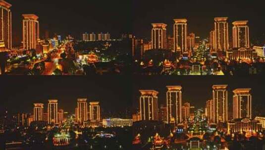 云南红河弥勒市福地半岛艺丰广场夜景航拍高清在线视频素材下载