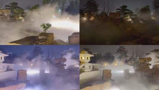 雾凇假山置景园艺夜景亮化横移高清在线视频素材下载