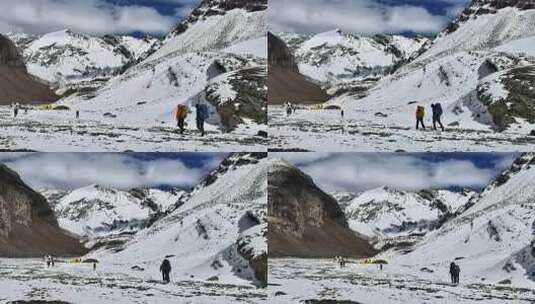 攀登岷山山脉雪宝顶雪山的登山者抵达大本营高清在线视频素材下载