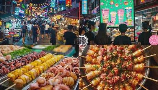 城市夜市烧烤小吃美食街夜生活小吃夜景ai高清在线视频素材下载