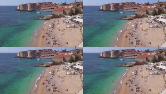 航拍克罗地亚海滩上的游客高清在线视频素材下载