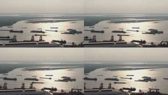 日落晚霞湖面船只倒影波光航拍高清在线视频素材下载