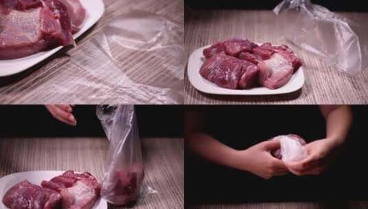 【镜头合集】牛肉猪肉切分分装冷冻冰箱高清在线视频素材下载