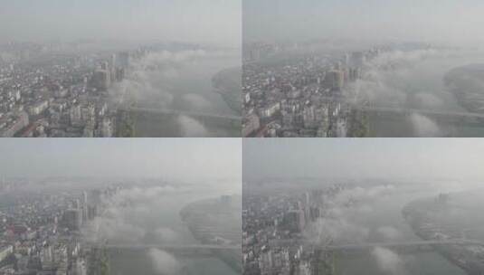 航拍衡阳湘江城市风光平流雾高清在线视频素材下载