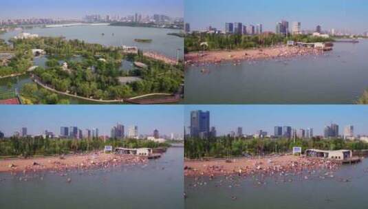 航拍宁夏银川市阅海公园沙滩浴场高清在线视频素材下载