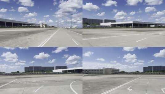 蓝天白云下飞机场跑道停机坪摆渡车上高清在线视频素材下载
