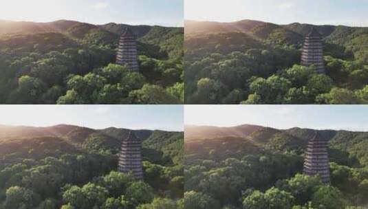 杭州古建筑六和塔夕阳下航拍高清在线视频素材下载