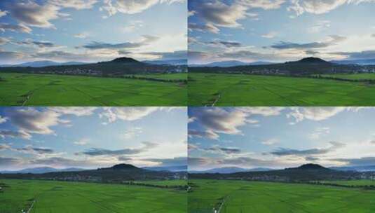 日落时火山底下的绿色稻田高清在线视频素材下载