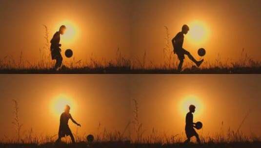 小男孩在夕阳下颠足球高清在线视频素材下载