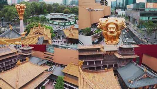 上海千年古寺静安寺四面狮吼像航拍4K视频高清在线视频素材下载