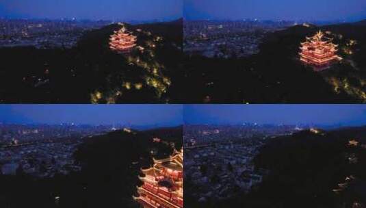 航拍杭州吴山城隍阁建筑夜景视频高清在线视频素材下载