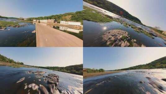 FPV无人机航拍河流河堤森林高山日出山脉高清在线视频素材下载