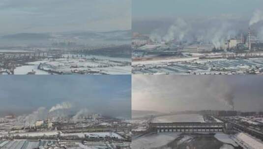 黑龙江牡丹江市工厂运作冒起浓浓白烟航拍高清在线视频素材下载