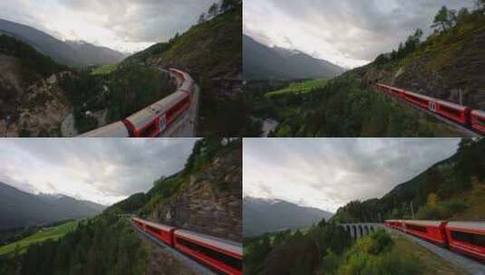 无人机航拍火车行驶过大桥山洞隧道森林高山高清在线视频素材下载