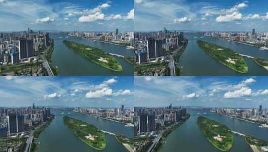 长沙一江两岸城市上空大景蓝天白云高清在线视频素材下载