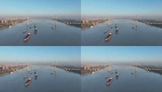 长江轮船货轮安庆长江大桥长江船只高清在线视频素材下载