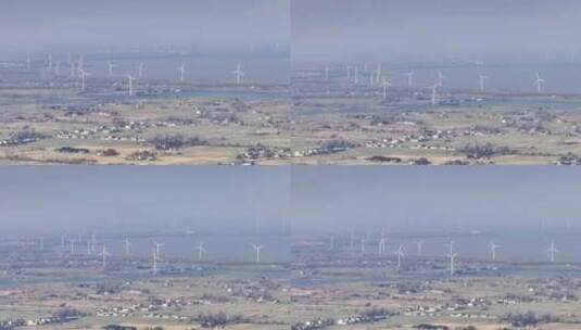 航拍扬州高邮湖风力发电鱼塘平原田野堤防高清在线视频素材下载