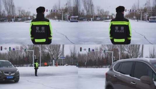 交警执勤在下雪指挥交通 冬天高清在线视频素材下载
