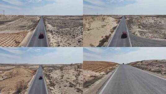 车行驶在草方格的荒漠高清在线视频素材下载