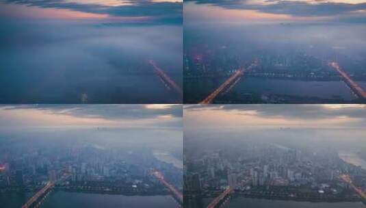 广西南宁城市平流雾云海航拍城市地标高清在线视频素材下载