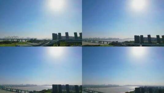 远处眺望钱塘江九堡大桥航拍高清在线视频素材下载
