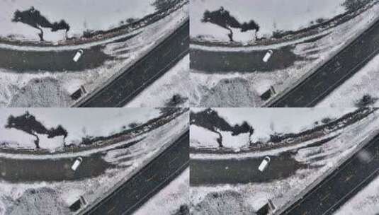 俯拍一辆白色汽车停在雪地上高清在线视频素材下载