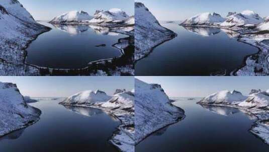 4K航拍挪威塞尼亚岛海湾美景高清在线视频素材下载